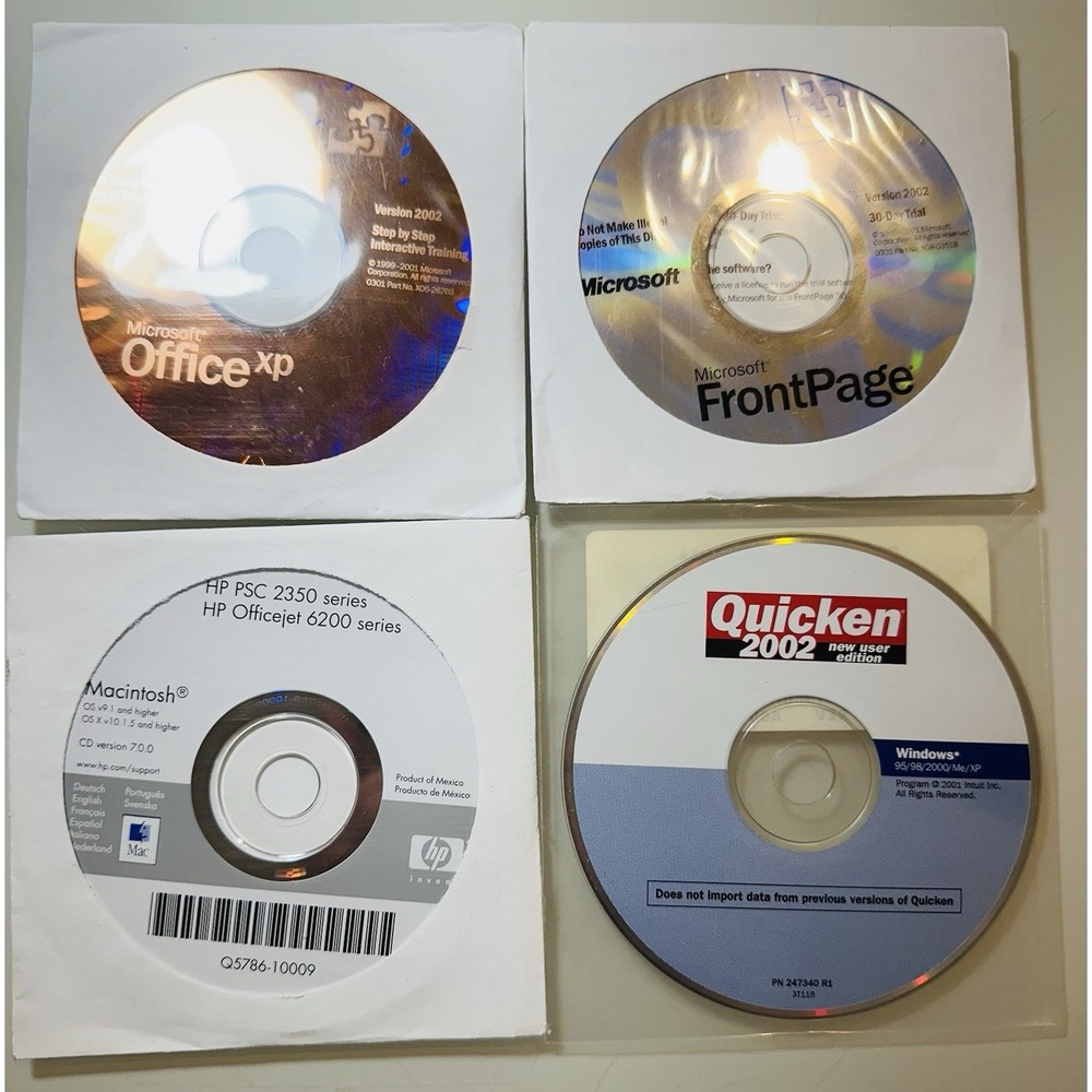 Lot of 4 CD - Microsoft Office XP FrontPage Quicken 2002 + HP PSC2350 Macintosh